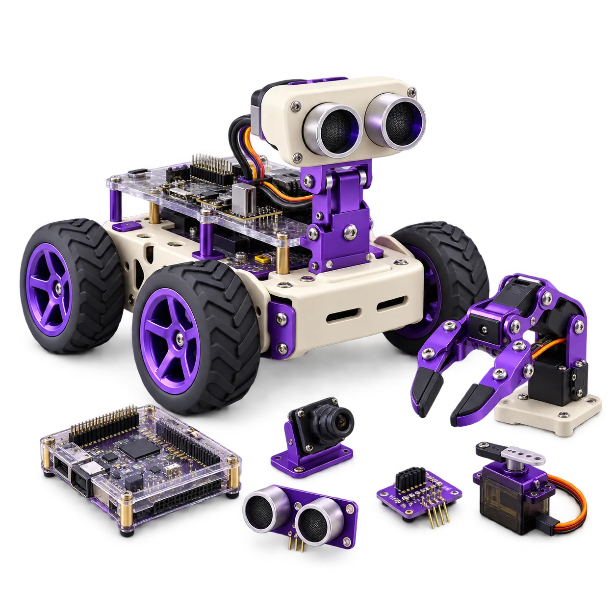 Illustrated educational rover, robotic gripper, and electronic components in violet and ivory